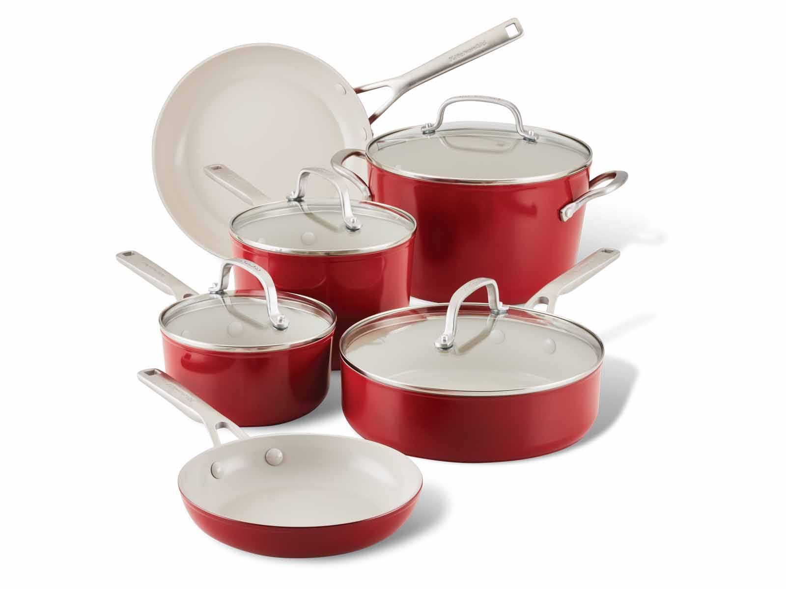 Batería de Cocina roja de cerámica antiadherente de 10 piezas, Kitchen Aid