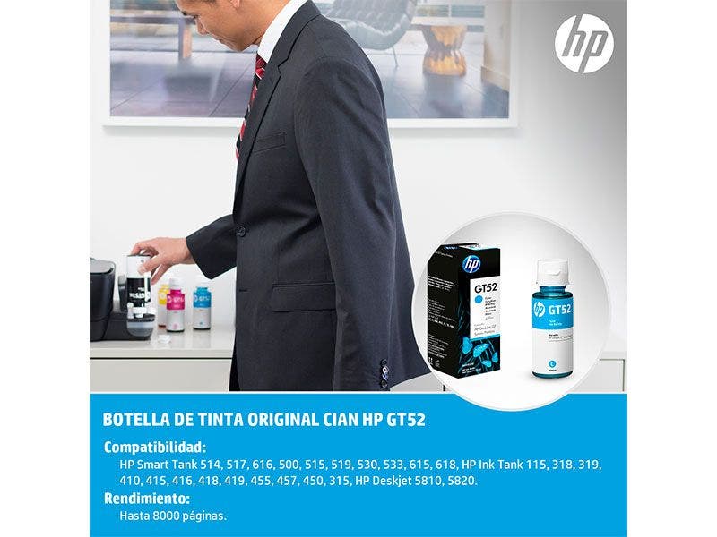 Botella de Tinta HP GT52C Cian para Impresoras HP315, HP415, HP515, HP530