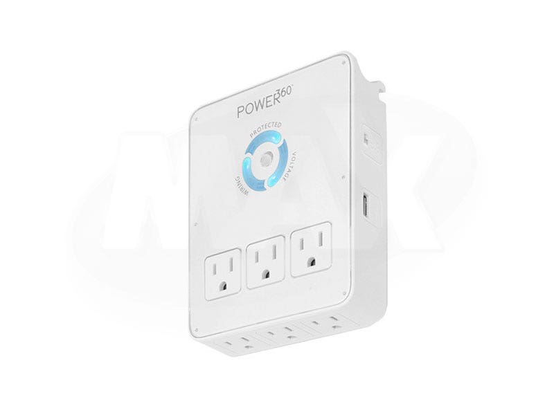 Protector de picos eléctricos marca Panamax, con 6 tomas AC y 2 tomas USB protegidas.